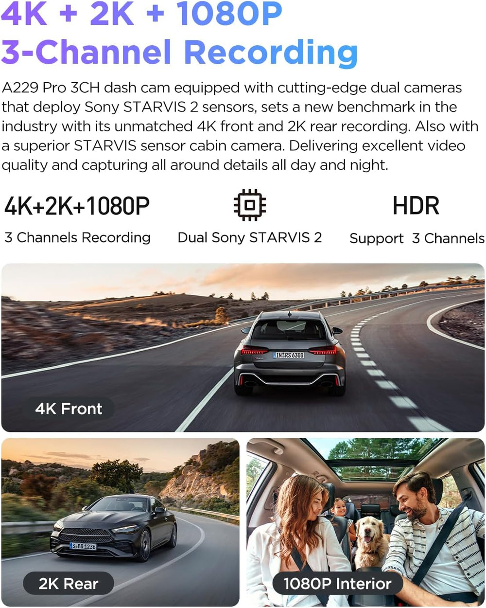 VIOFO A229 Pro 4K 3CH Dash Cam HDR for Front & Rear & Inside with STA...