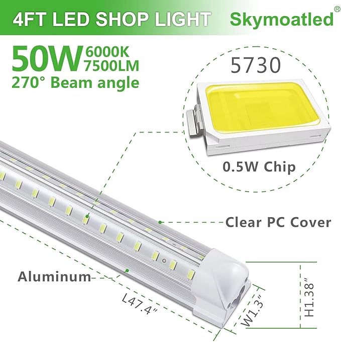 8Pack 4FT LED Shop Light Garage Lights, 50W 6000K 7500LM White Light,