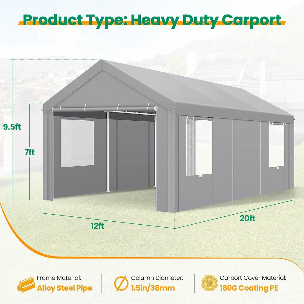 12x20 FT Heavy Duty Carport with Galvanized Frame, Gray