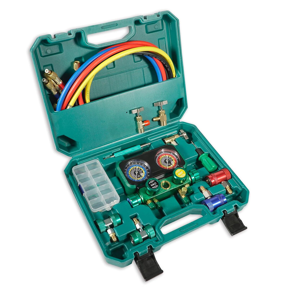 PB Motor Tech 4 Way AC Gauge Set for R1234yf R134a R404a with Case, Green