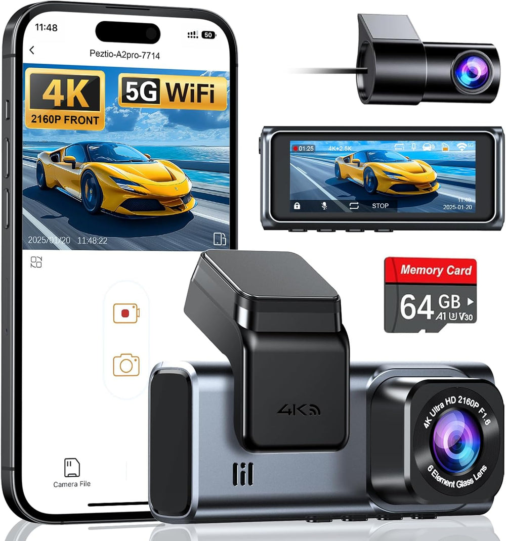 4K+2.5K WiFi Dash Cam Front and Rear, Built-in 5G WiFi, Free 64GB Card, Dash ...