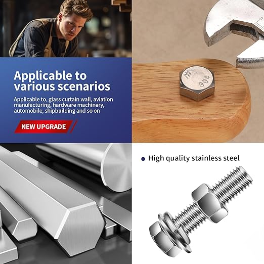 3/8-16 x 5" Hex Head Screw Bolt, Flat & Lock Washers, Fully Threaded...