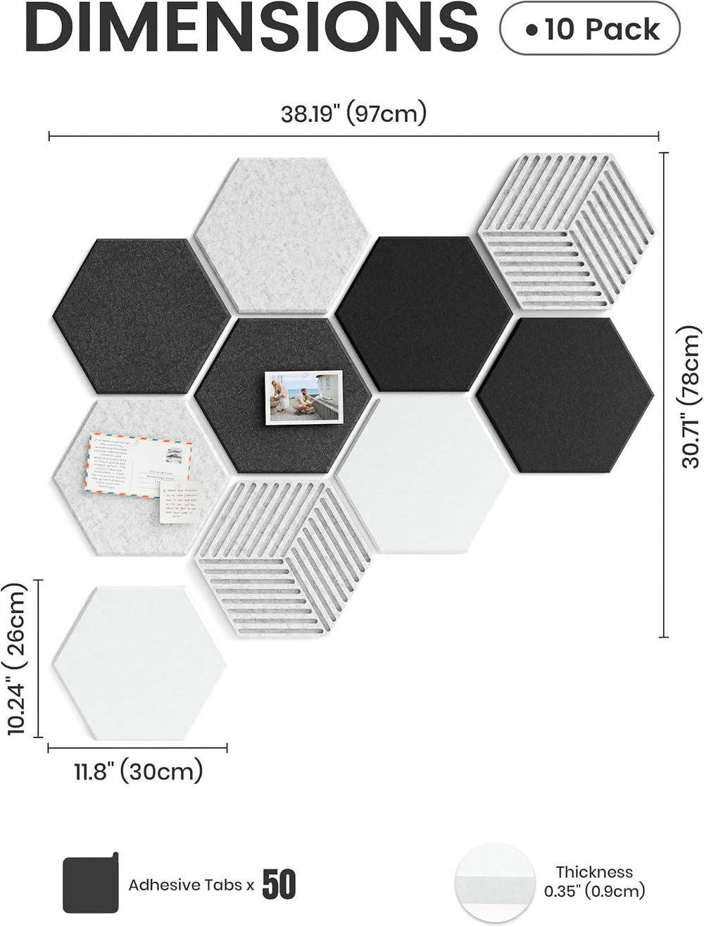Fluxynara 10-Pack Hexagon Felt Bulletin Board Tiles, Concrete Echo