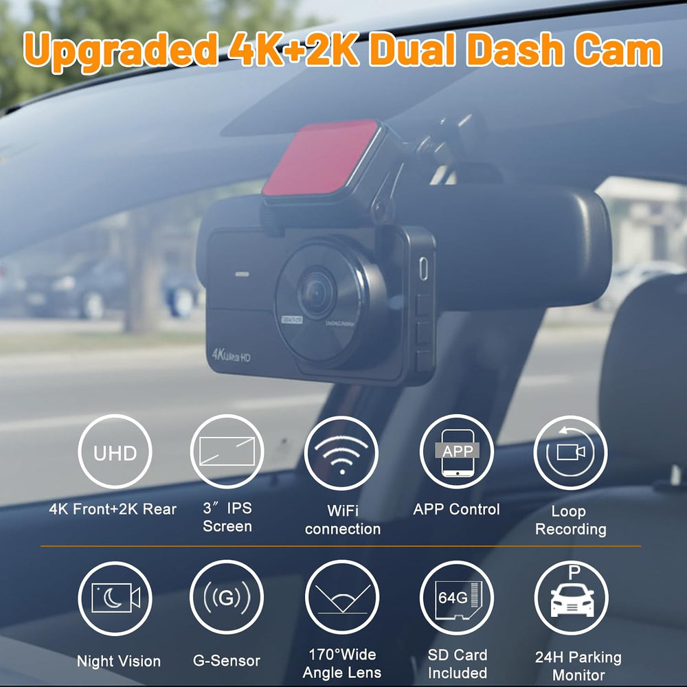 4K Dash Cam Front and Rear, Dash Camera for Cars with 64GB Card, Built-in 5.8...