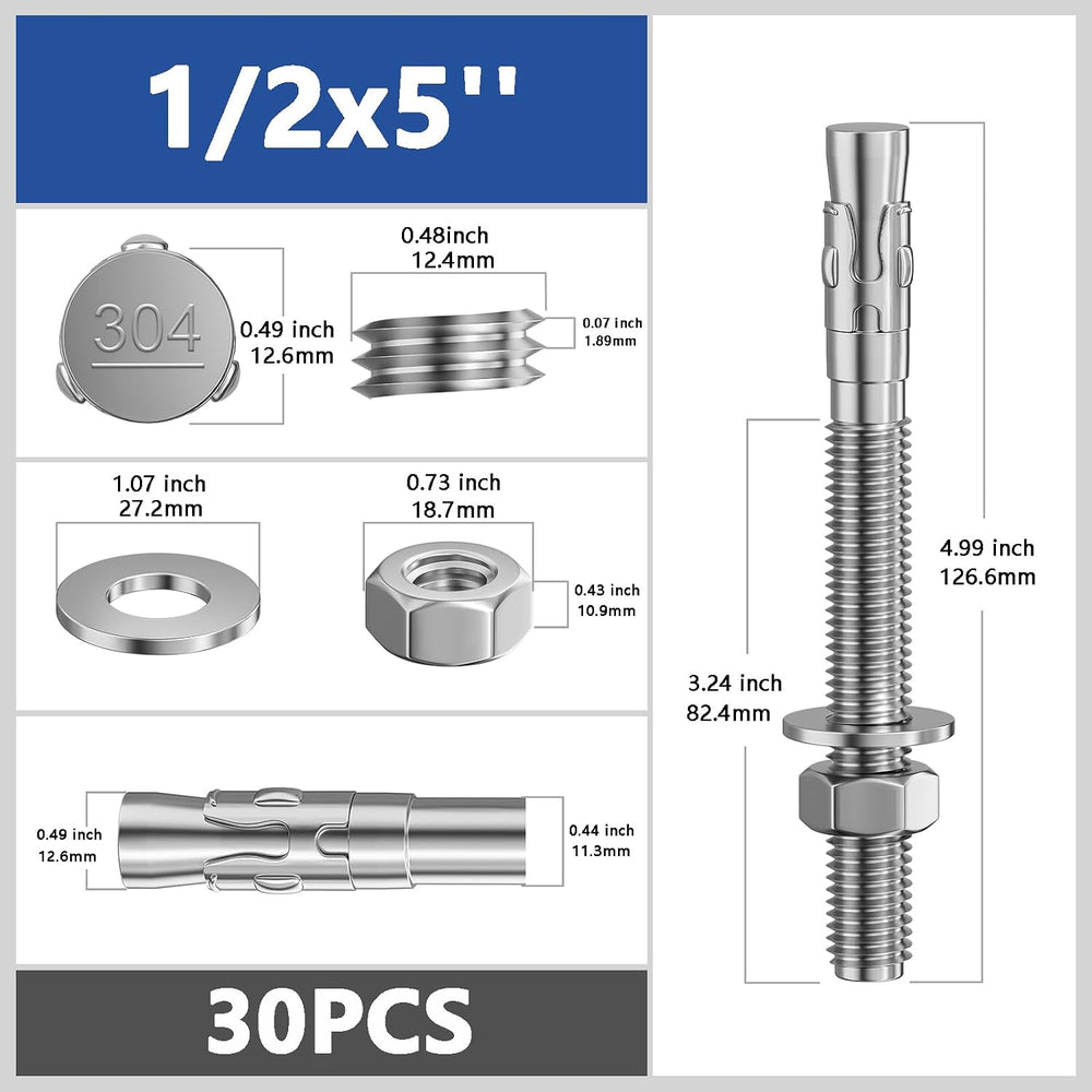 Wensilon 30Pcs 1/2x5 Inch Standard Fasteners for Heavy-Duty 304 Stainless Ste...