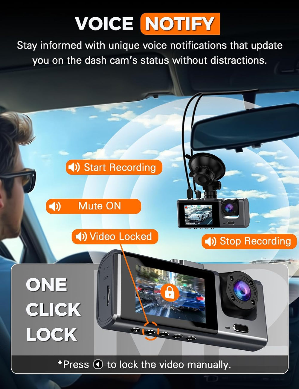2.5K 3 Channel Dash Cam Front and Rear Inside with WiFi, 2' IPS Screen