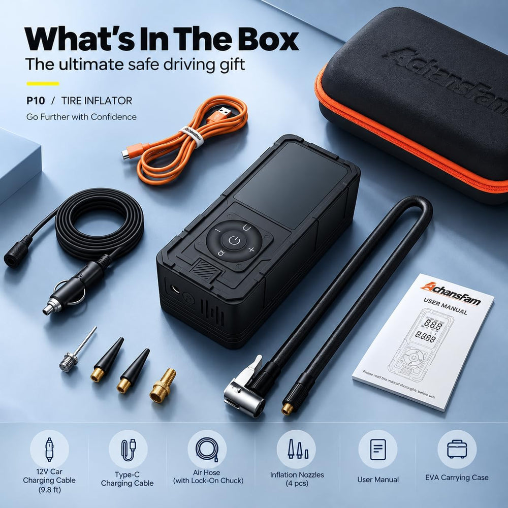 P10 Tire Inflator Portable Air Compressor, 6000mAh Dual Power Supply