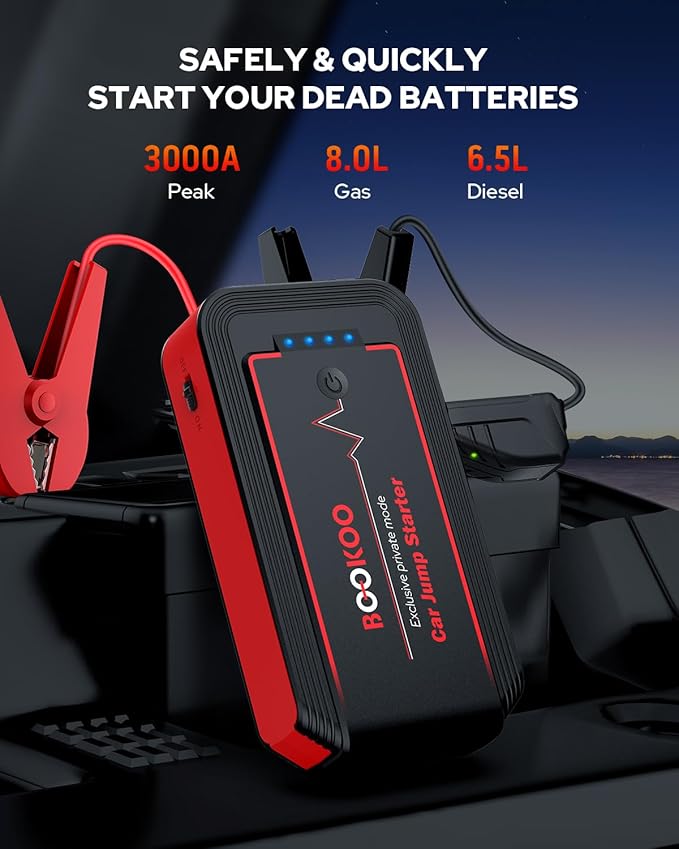 Jump Starter 3000A, BOOKOO Car Battery Jumper Starter Portable, 12V Jump Start