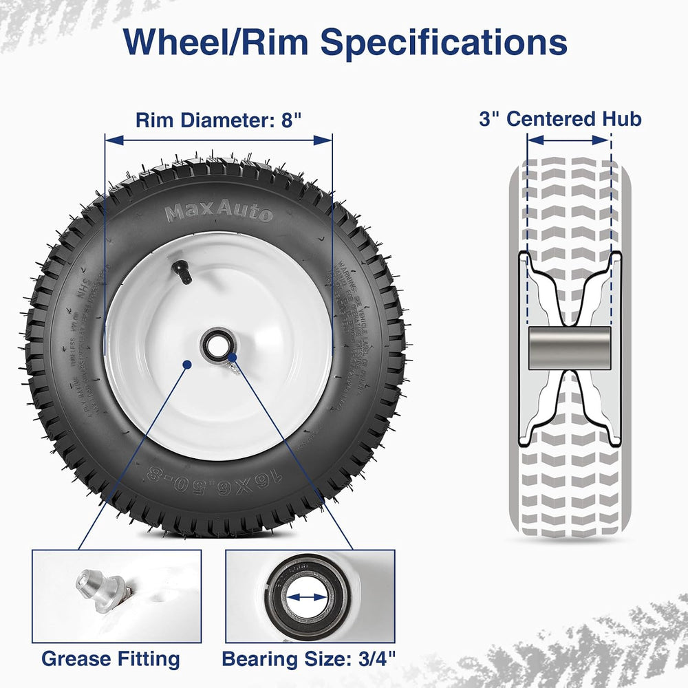 MaxAuto 16x6.50-8 Lawn Mower Tires with Rim, 3" Centered Hub, 3/4" ...
