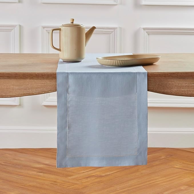 Solino Home Linen Dusty Blue Table Runner 48 Inches - Classic Hemstitch, 100%...