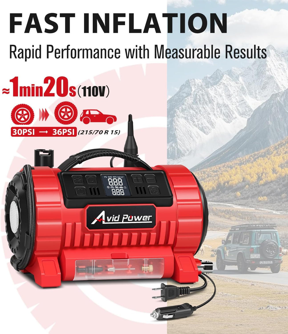 AVID POWER Portable Tire Inflator Air Compressor, 110V AC/12V DC Tire Pump