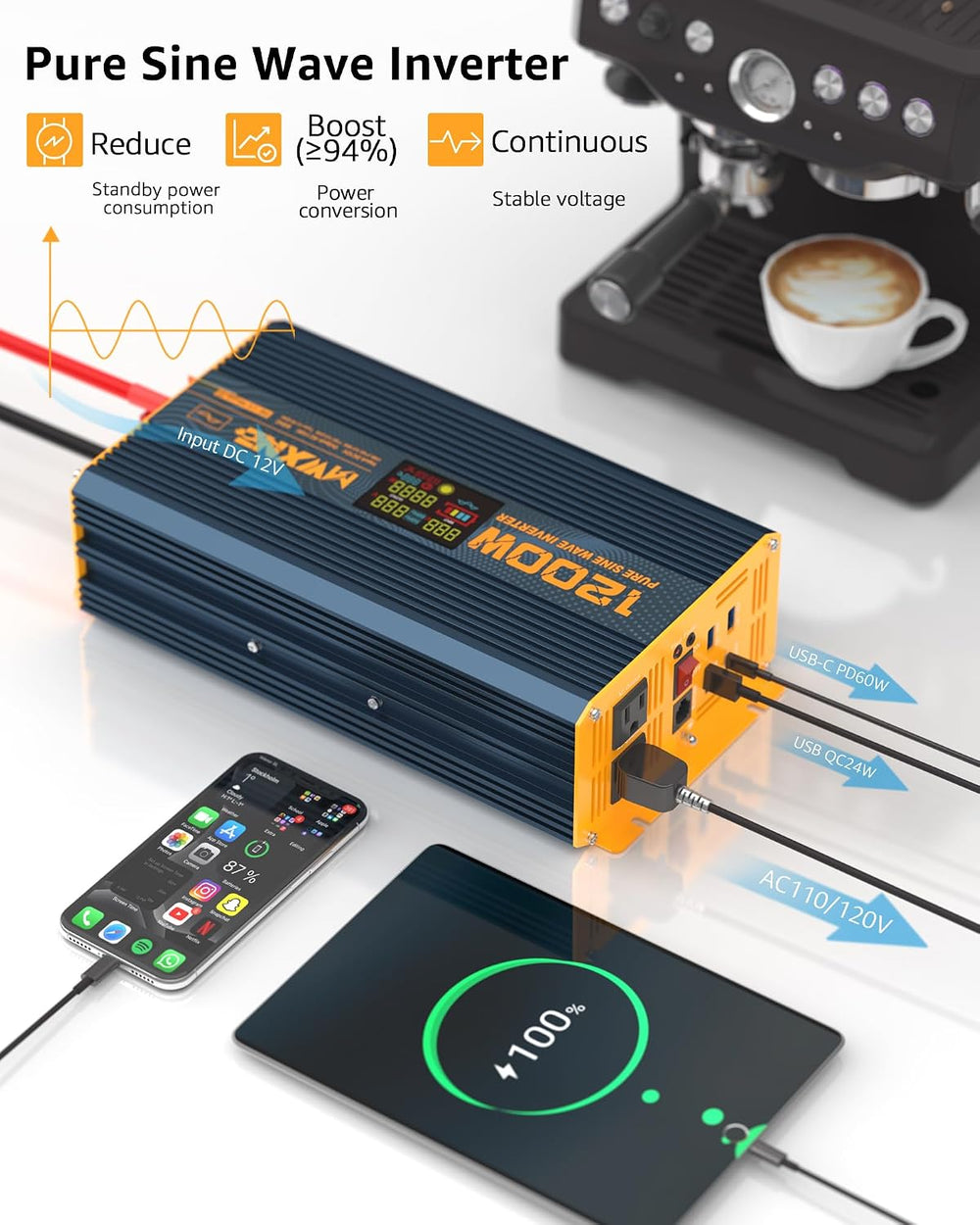 1200 Watt Pure Sine Wave Power Inverter DC 12V to 110V AC Converter with Dual...