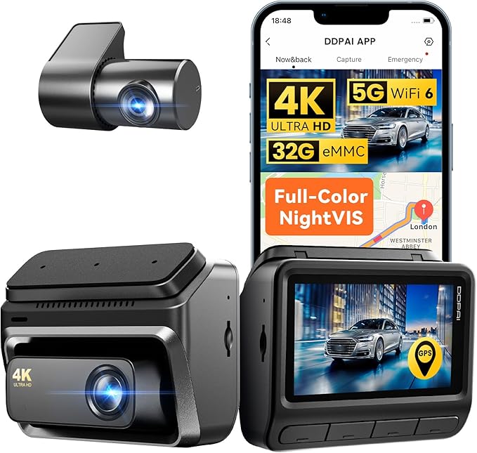 DDPAI Dash Cam Front and Rear, 4K + 1080P Dash Camera