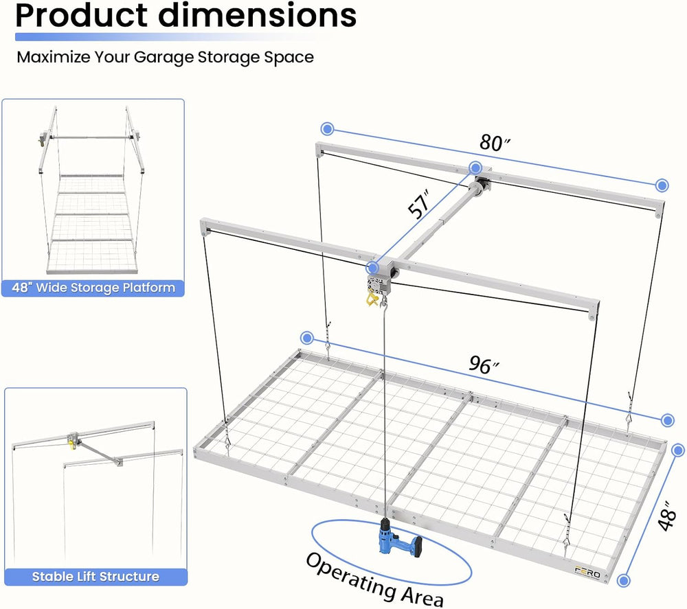FERO 4x8 Ft Garage Ceiling Storage Rack, 500 lb Capacity with Safety Lock