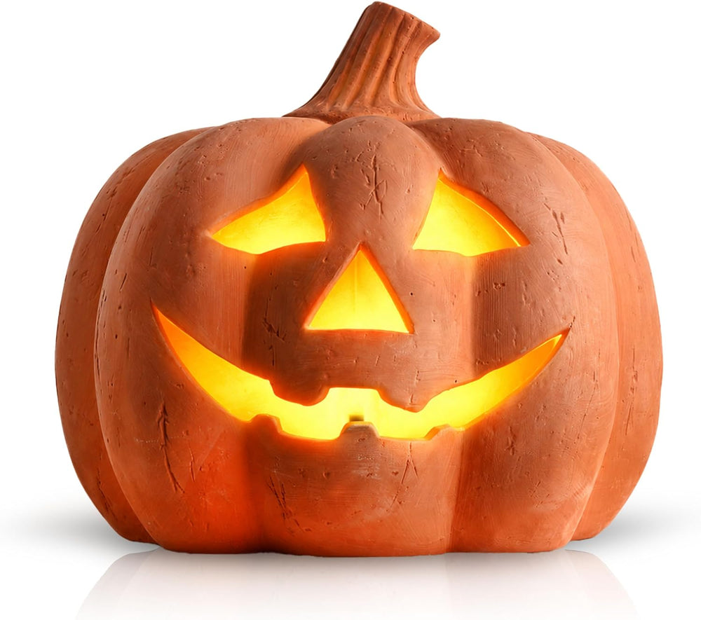 Halloween Lighted Terracotta Jack O Lantern Pumpkin 9.8 Inch Decor (Medium)