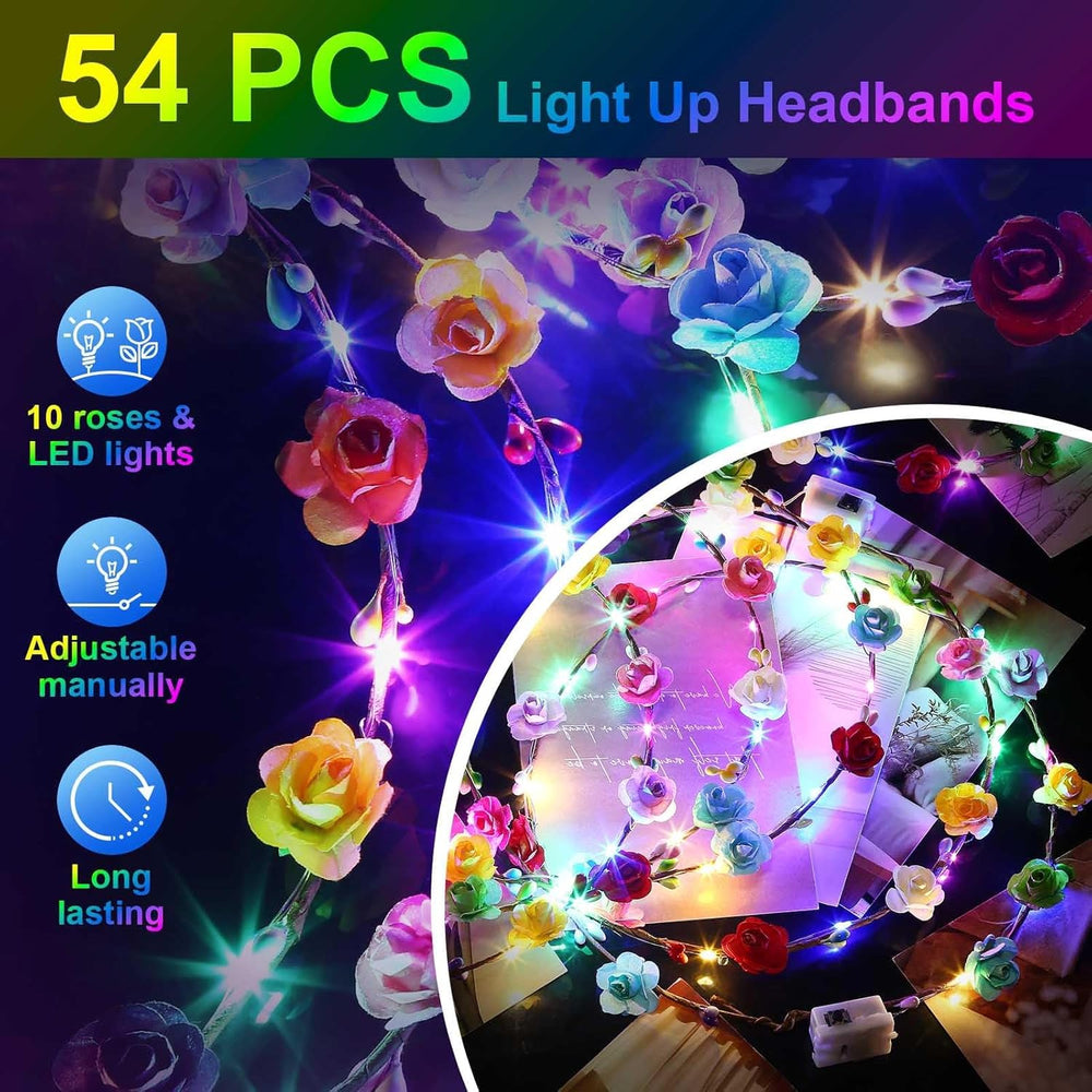 HONLYNE 54 PCS LED Flower Crown Headbands, Light Up Flower Crowns For Women, ...