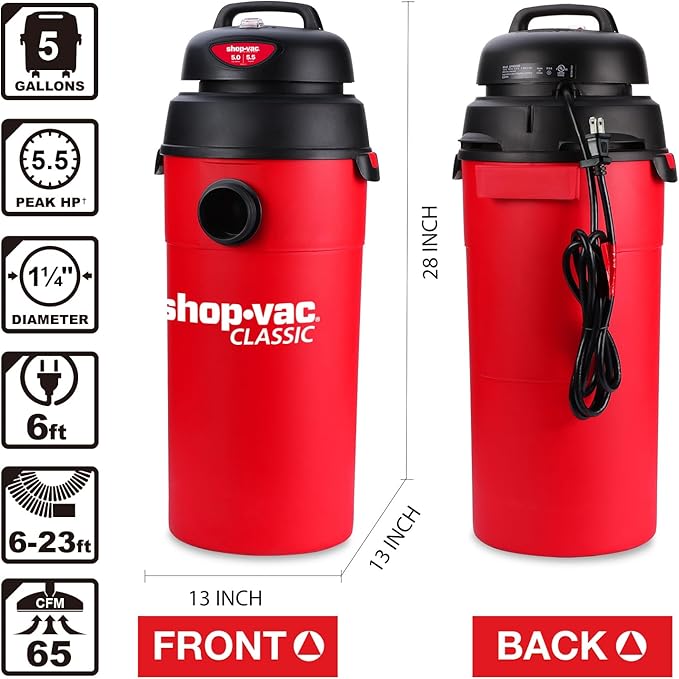 Shop-Vac 5 Gallon 5.5 Peak HP Wet/Dry Vacuum, Wall Mountable Compact Shop Vacuum