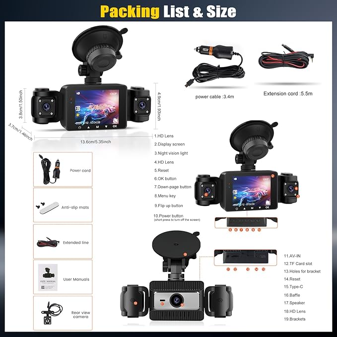 4 Channel Dash Cam Front and Rear Inside Left Right, 2.4 Inch 1080P Dash Camera