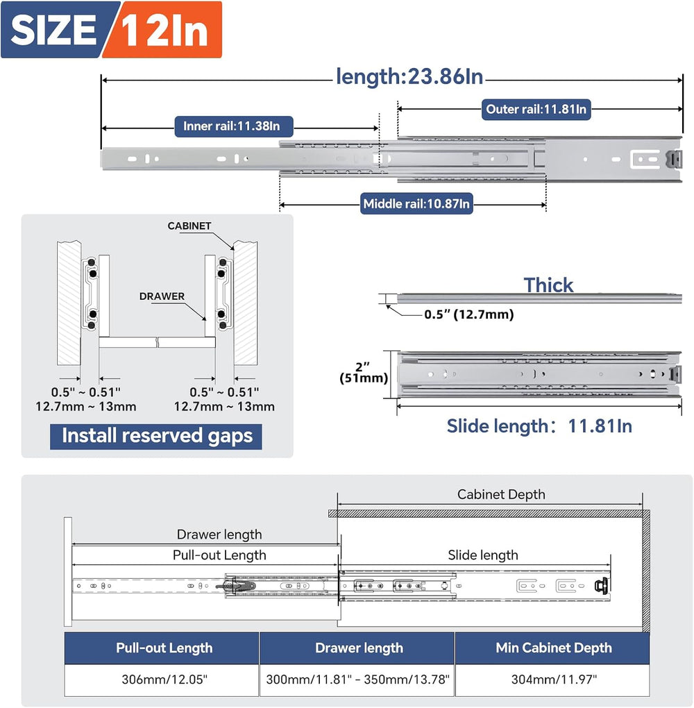 ToBeGreat 1 Pair Heavy Duty Drawer Slides 12 Inch 150 lb Load Capacity Side M...
