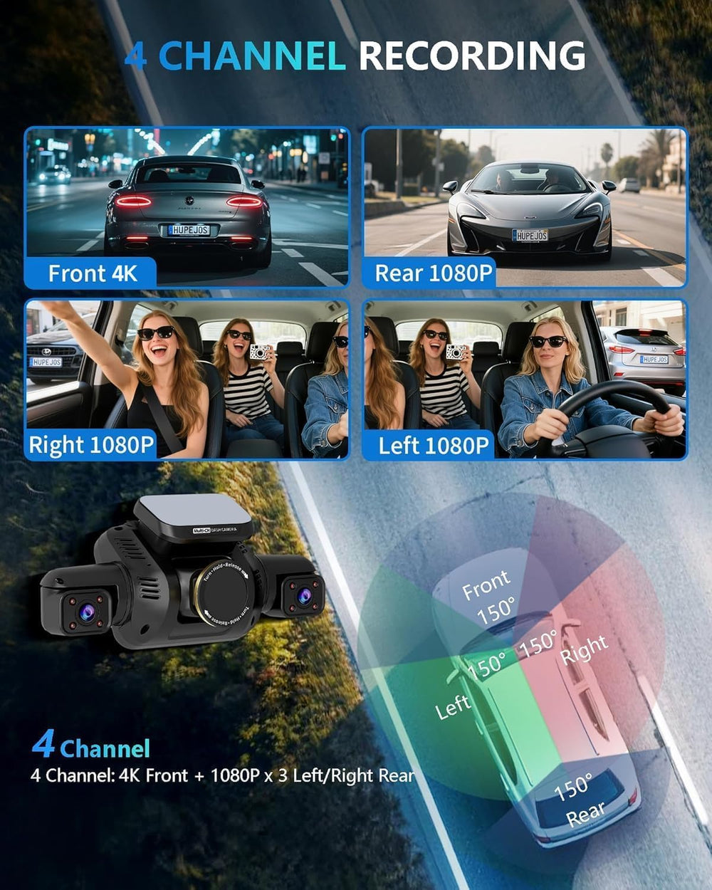 HUPEJOS 4K Dash Cam Front and Rear, 4 Channel 360° View Camera for Car