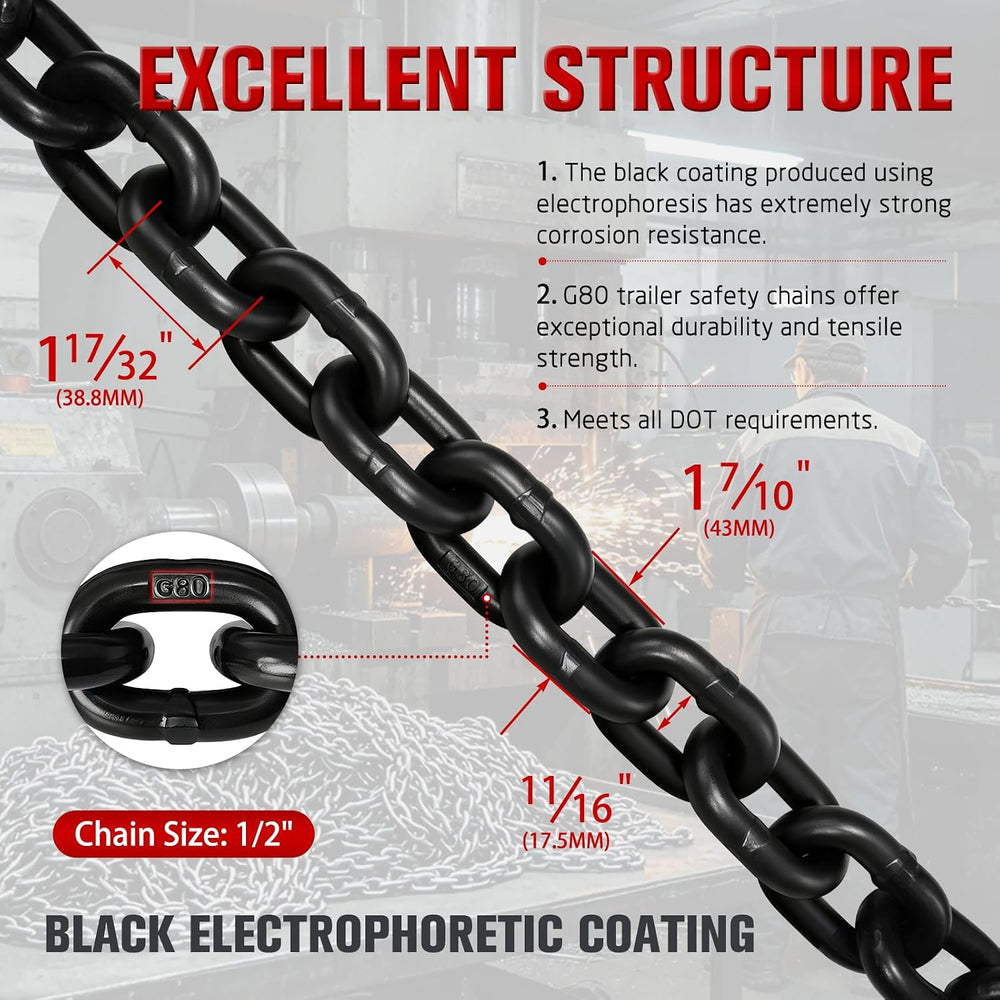 1/2" G80 Trailer Safety Chains with G70 Clevis Safety Hook,36" Tow ...