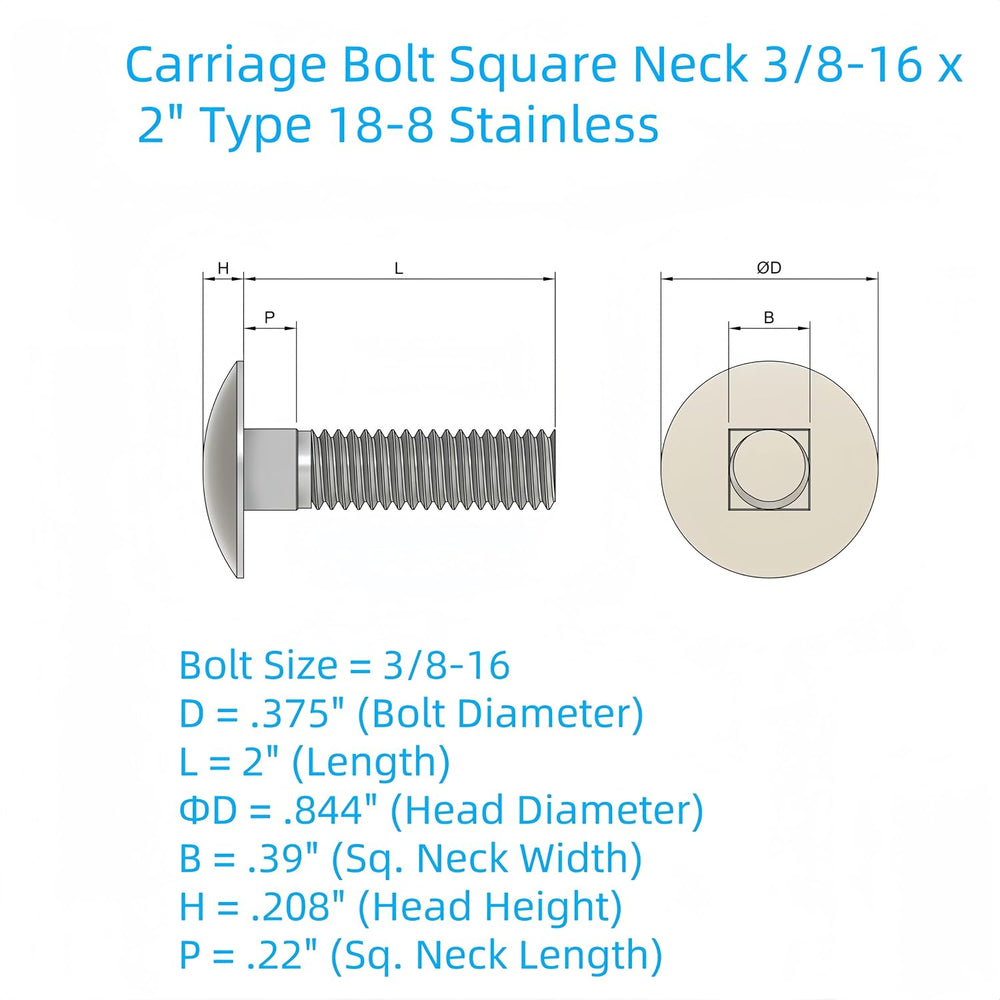 SANTIE 18-8 Stainless Steel Carriage Bolt, 3/8-16 X 2 in.25pc