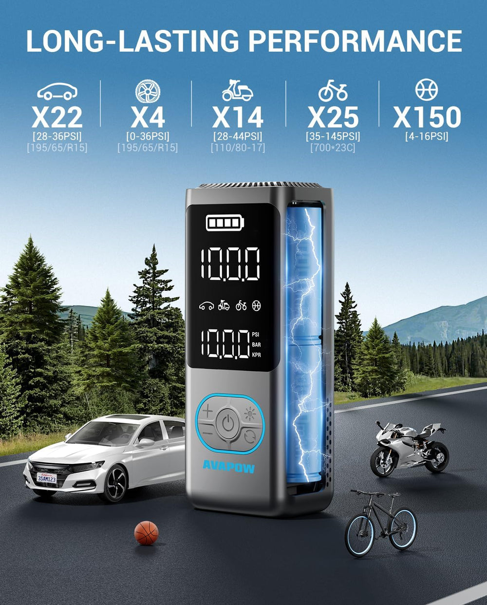 AVAPOW Portable Tire Inflator, 150 PSI Cordless Air Compressor
