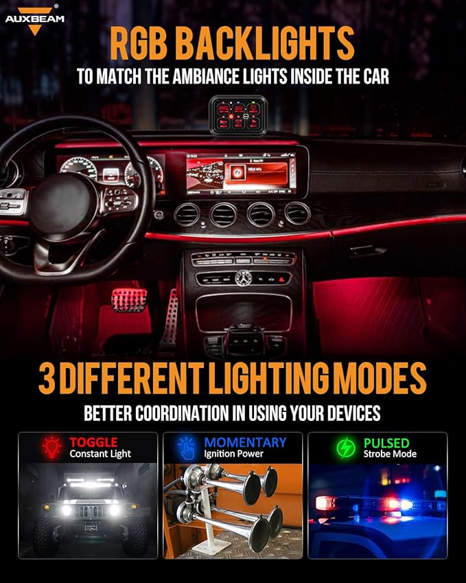 Auxbeam 6 Gang Switch Panel RA60 Toggle Momentary Pulsed RGB Dimmable Switch