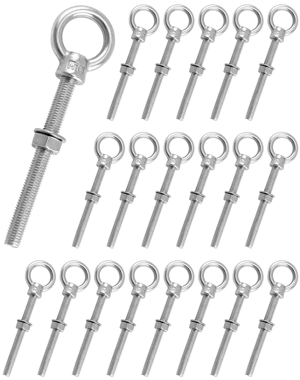 QWORK M10×100mm Stainless Steel Shoulder Eye Bolts – 20 Pack 3/8" x 4&qu...