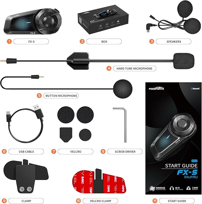 Fodsports FX-S Motorcycle Bluetooth Headset V5.4, 2-Way Helmet Intercom