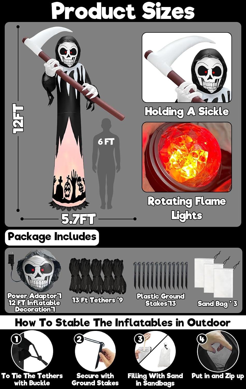 12FT Tall Halloween Inflatables Outdoor Decorations Grim Reaper Ghost