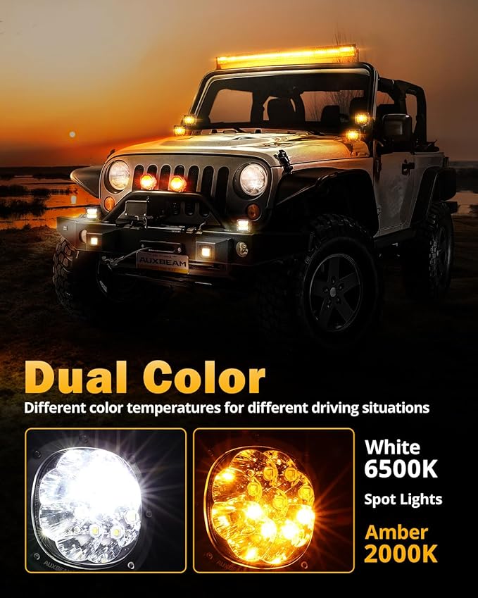 Auxbeam 6 Modes Amber White Round LED Pods, P4 Series 4 Inch 90W Flashing (2-...