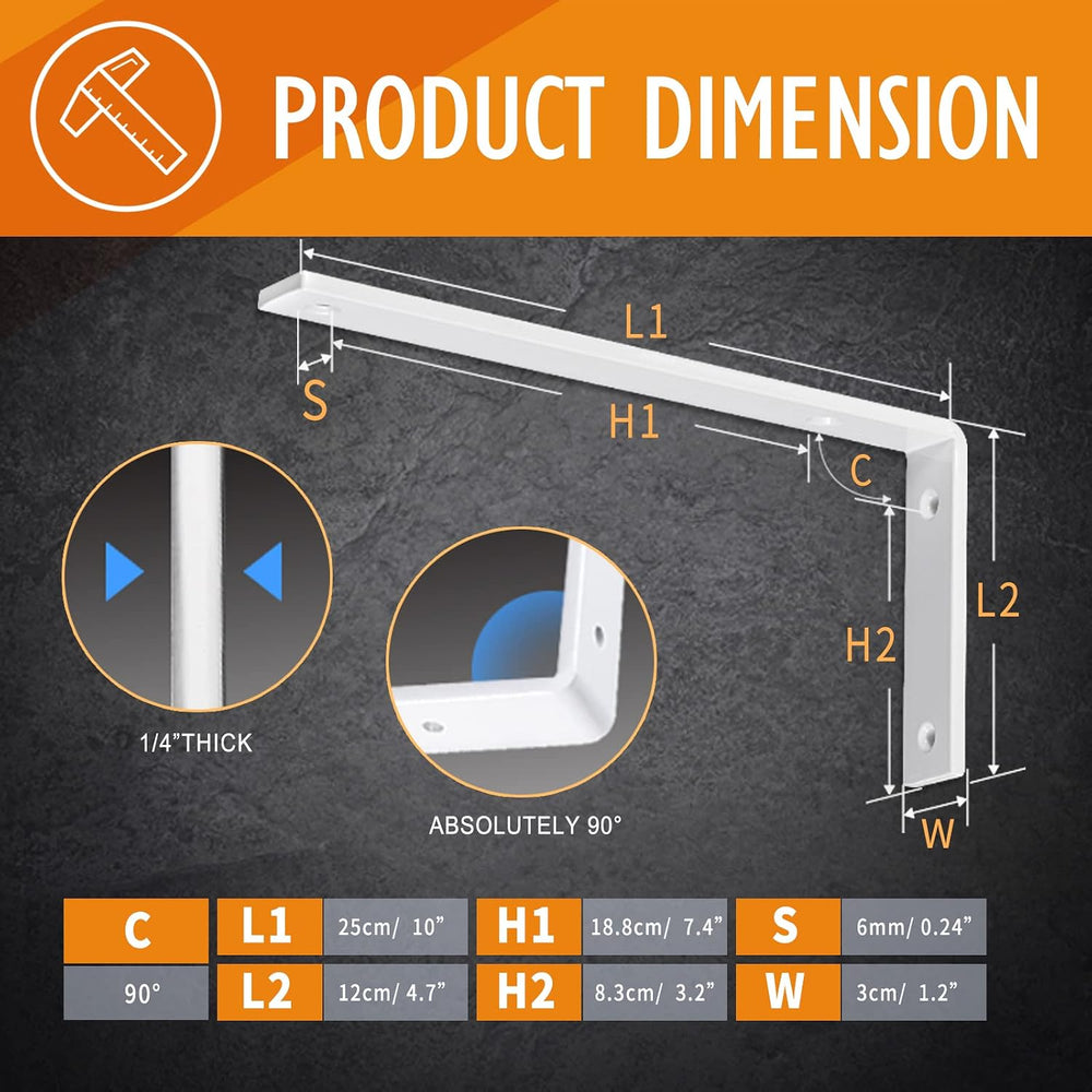 CLT White Shelf Bracket, 10” X 4.7” Quarter Inch (1/4") Thick- Max Load:...