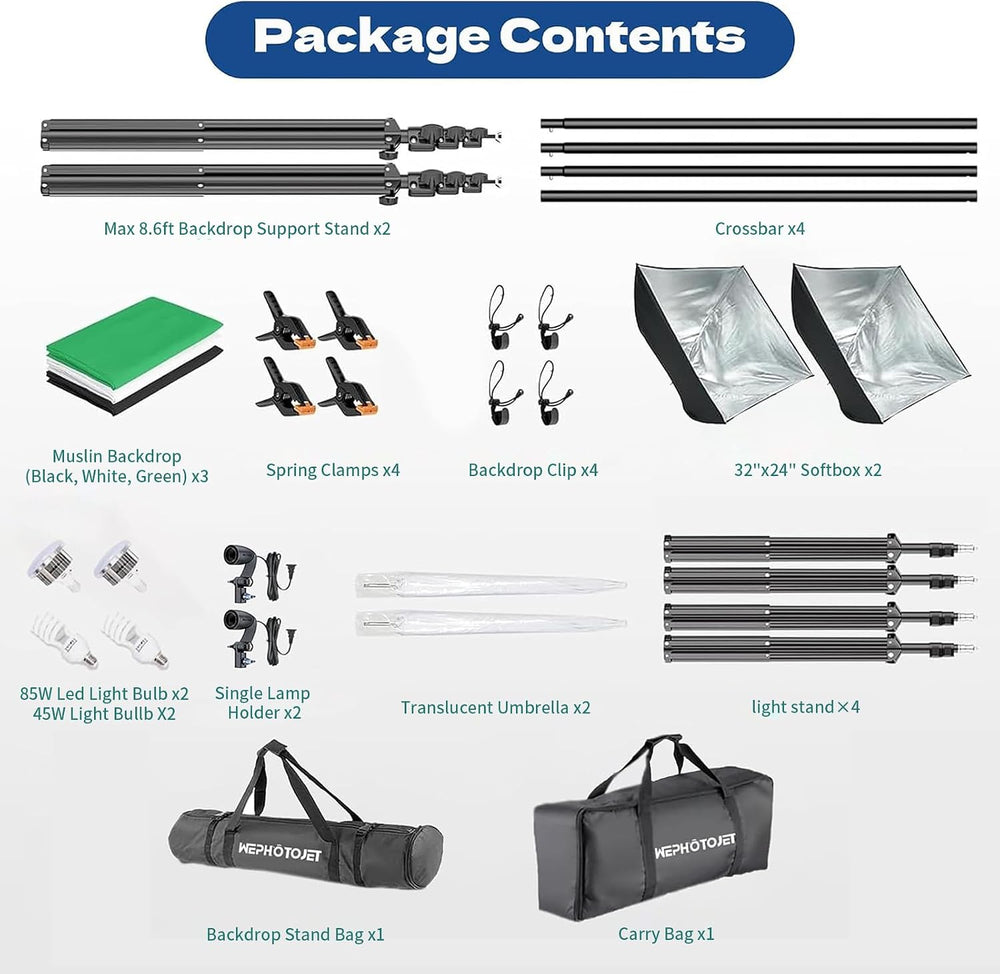 Photography Softboxes Kit with 8.6x10ft Backdrop Stands