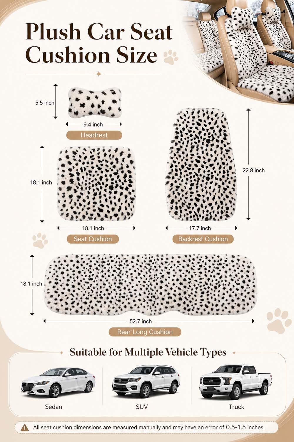 9PCS Fluffy Leopard Car Seat Covers, Anti-Slip Warm Car Seat Cushion Set