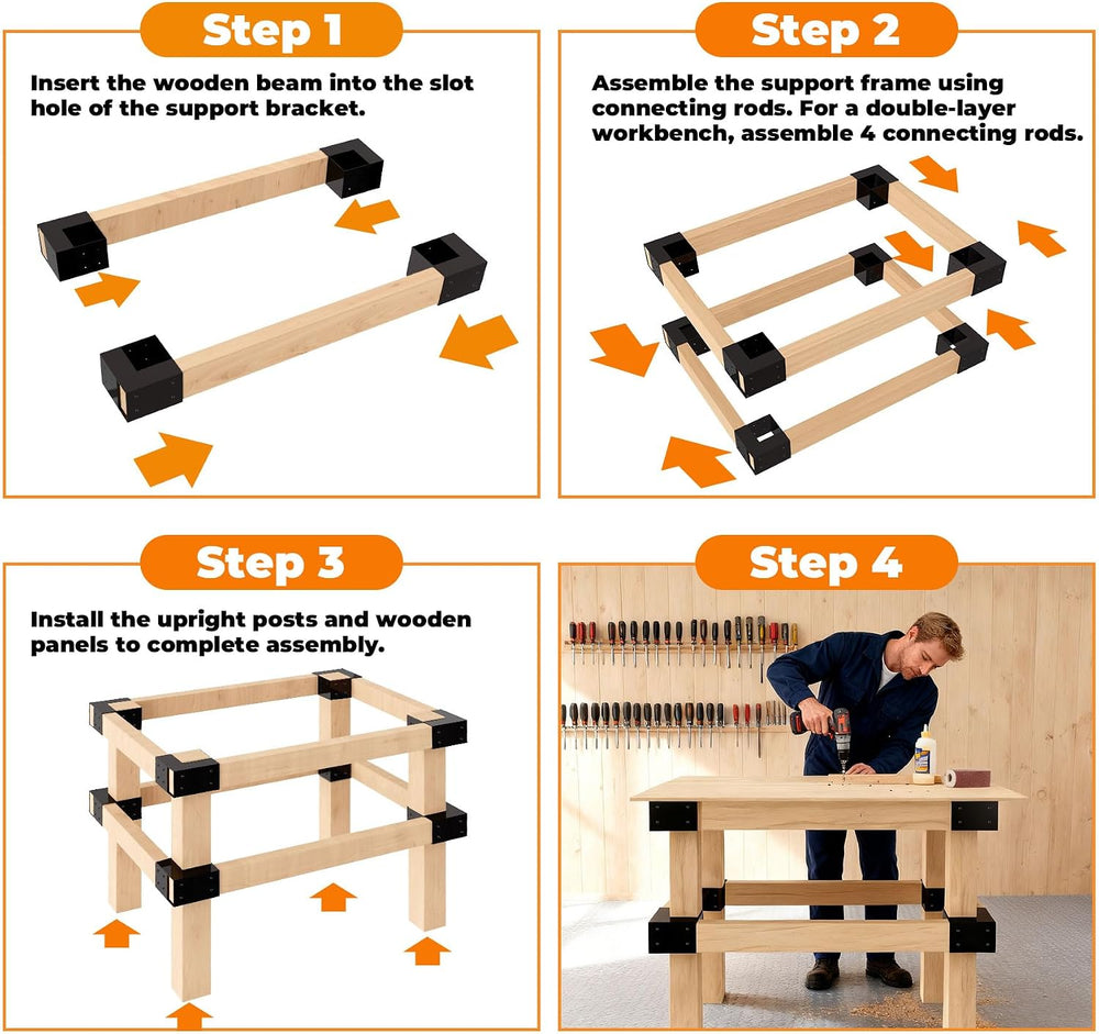 Workbench Brackets Kit, 4 PCS 3-Way Right Angle Bracket Fit 2x4 & 4x4 Wood