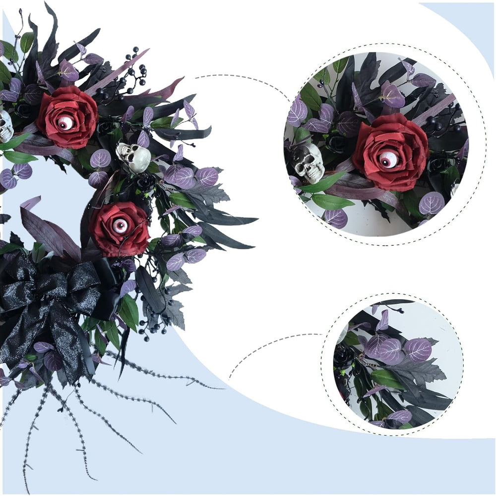 22 Inch Halloween Wreath with Black Roses Skeleton and Eye Balls for Front Do...