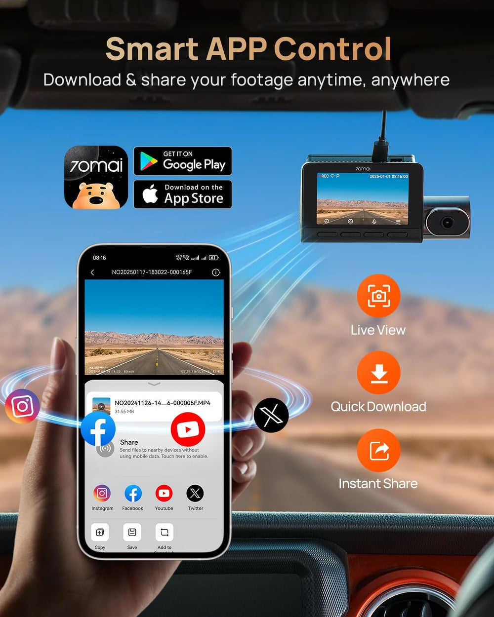 70mai 4K T800 3 Channel Dash Cam, Dash Cam Front and Rear Inside(2160P+2160P+...