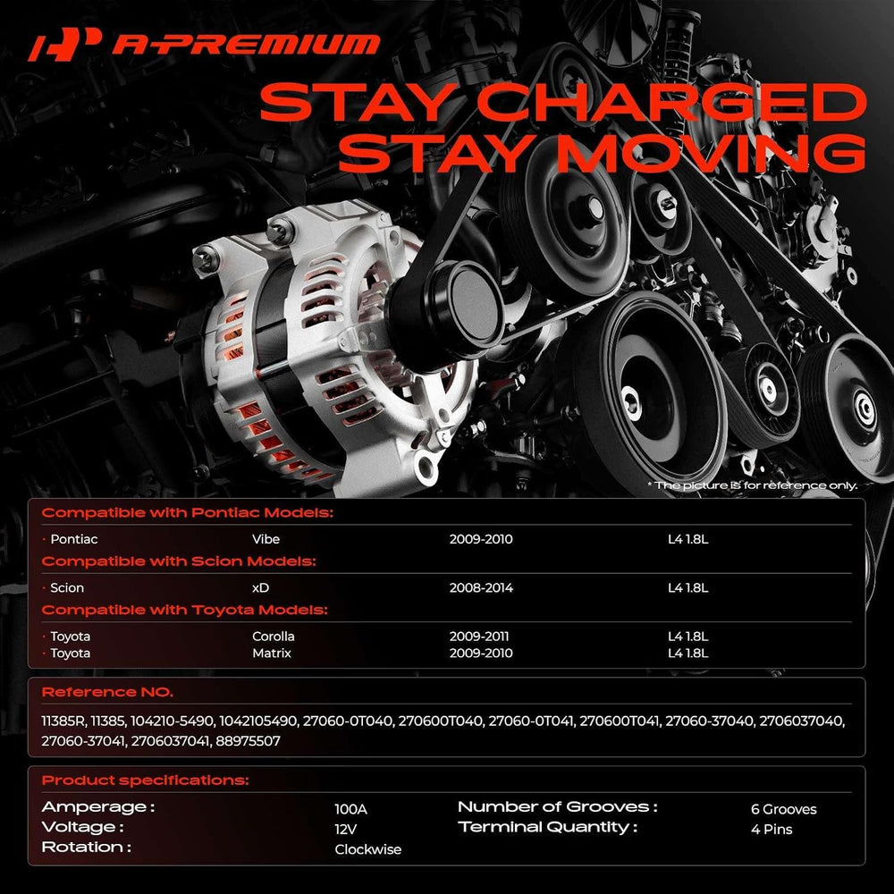 A-Premium Alternator, 12V 100A 6-Groove Pulley Clockwise