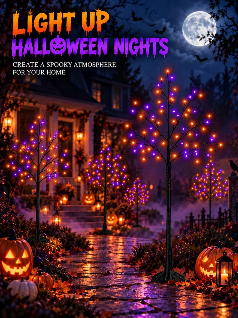 Black Halloween Tree with Purple and Orange Lights, 2Pack 6FT 300LED