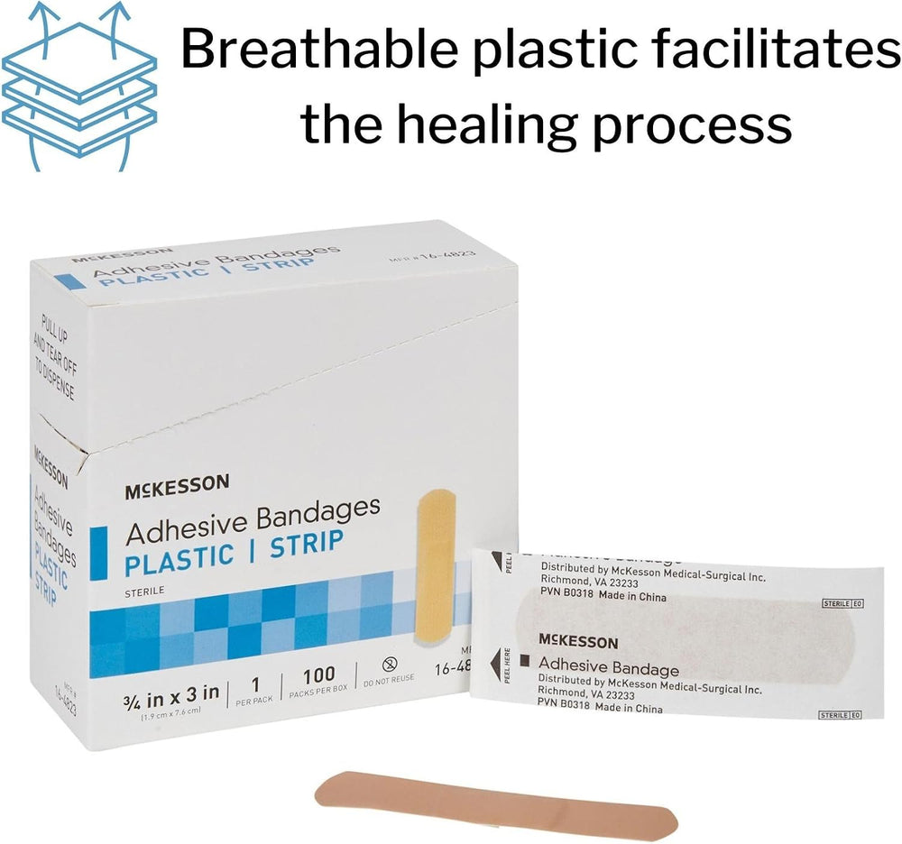 McKesson Adhesive Bandages, Sterile, Plastic, Tan, 3/4 x 3 in, 100 ct