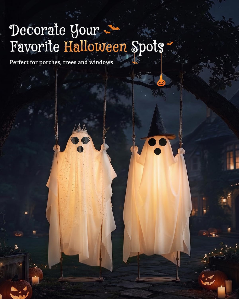 2-Pack Swinging Ghost, 4.5-7.2 FT Adjustable Halloween Decorations Outdoor