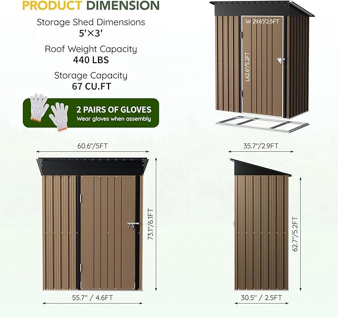 Breezz 5x3FT Vertical Outdoor Steel Storage Shed