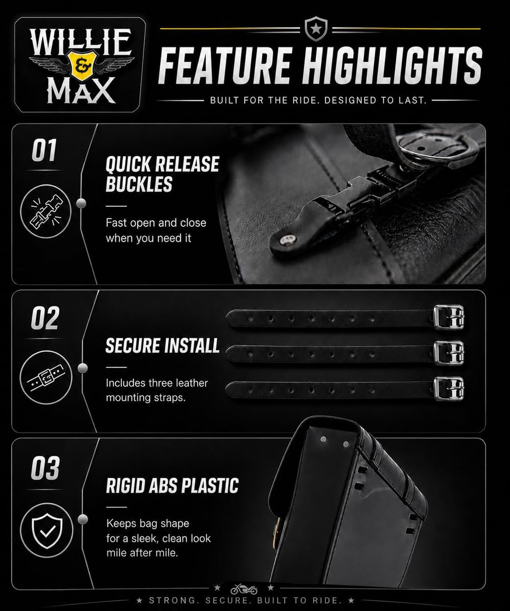 Willie & Max Black Synthetic Leather Small Motorcycle Swingarm Bag for So...