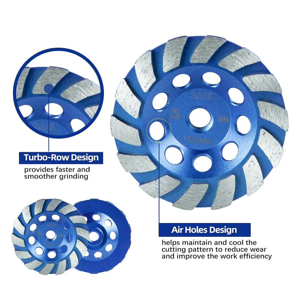 SALI 4.5 Inch 3pcs Concrete Grinding Wheels 14 Turbo Diamond Segments 5/8-11 ...