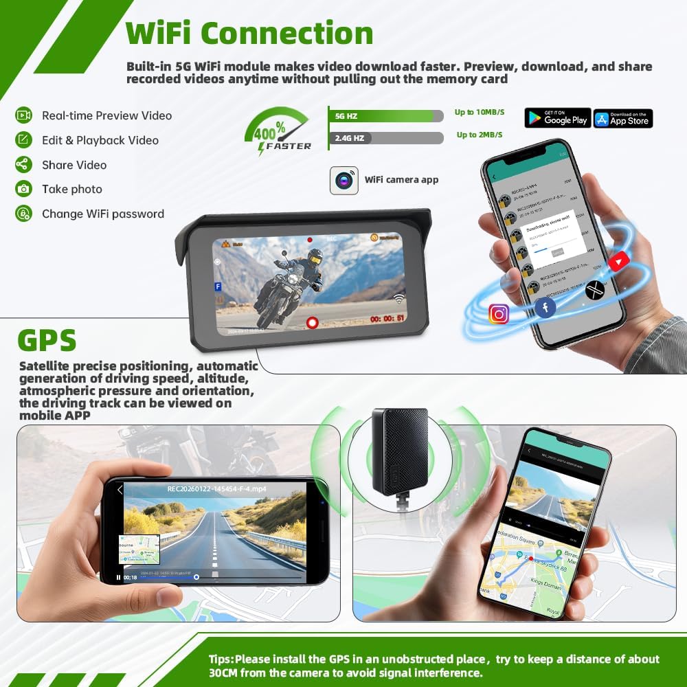 Motorcycle Carplay Screen,5G WiFi 2K Front and Rear Camera, Wireless Carplay ...