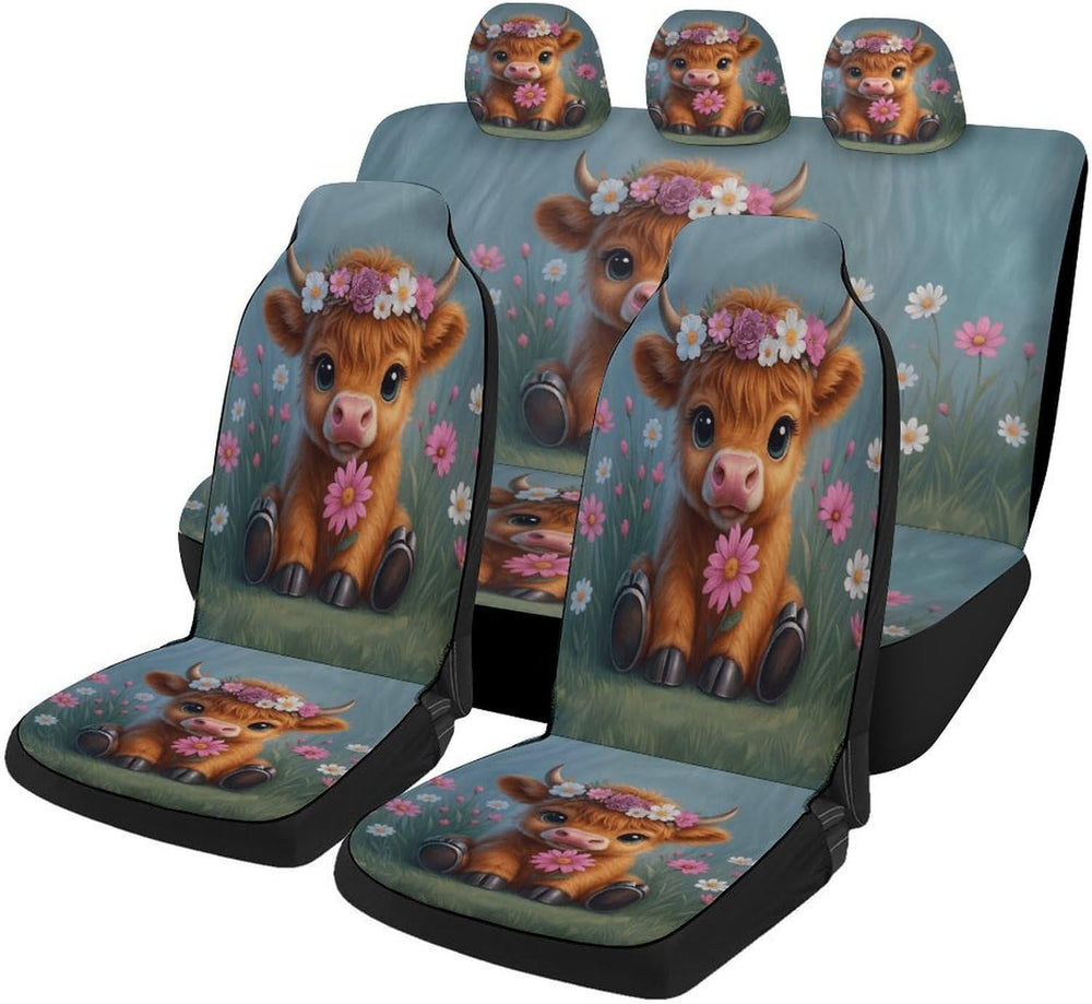 Highland Cow Pattern Car Seat Covers, Trendy Universal Car Seat Protector Ful...