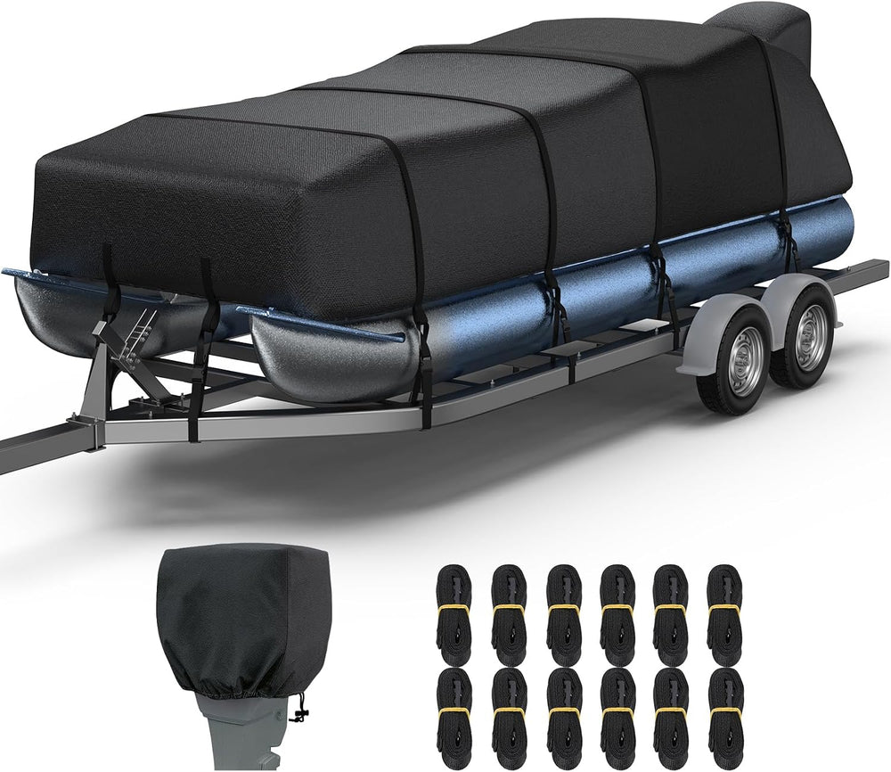 Pontoon Boat Cover, 1400D Reinforced, Motor Cover, 21-24ft, Black