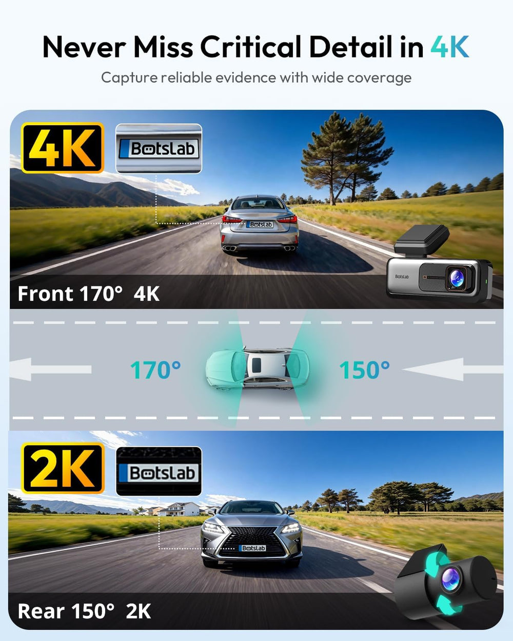 BOTSLAB G980H 4K STARVIS Dash Cam Front and Rear, No SD Card[2026 Upgraded]