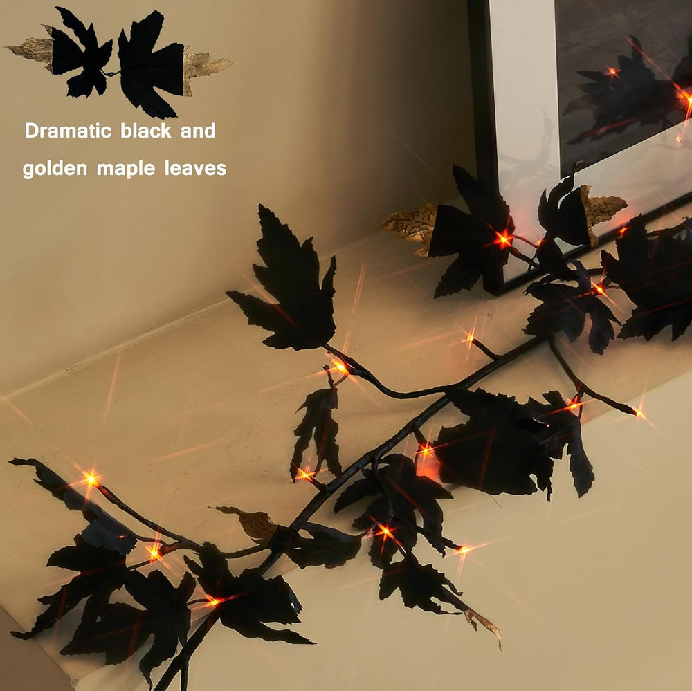 Birchlitland Halloween Black Maple Garland with Lights Timer 48 LED Orange an...